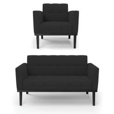 Sofá Namoradeira e Poltrona Base de Madeira Preto Elisa Veludo D03 - D