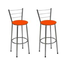 Kit 2 Banquetas Altas Cromada com Encosto Assento Laranja - Jaddi