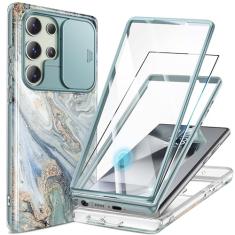 GVIEWIN Capa para Samsung Galaxy S24 Ultra, [capa de câmera deslizante e protetor de tela embutido] [2 molduras frontais] Capa de telefone mármore à prova de choque de grau militar para S24 Ultra de
