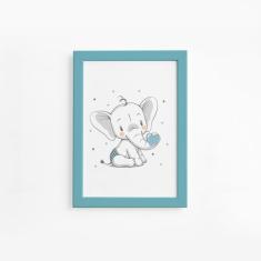 Quadro Elefante e Coração Azul Moldura Azul 22x32cm - Quartinhos