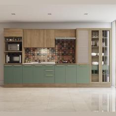 Kit Cozinha Completa Modulada Balcão Para Pia Armário Paneleiro Cristaleira Marrom Madeira Verde