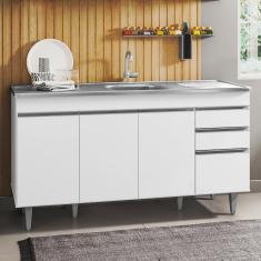 Balcão Gabinete Com Pia Inox 150cm 4 Portas 2 Gavetas Marrocos Branco Lumil Móveis