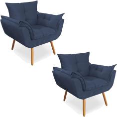 Kit 02 Poltronas Decorativa Opala Deluxe Suede Azul Marinho