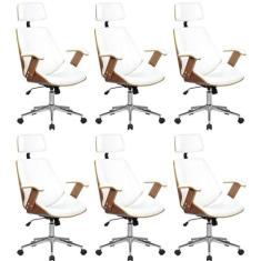 Kit 6 Cadeiras de Escritório Presidente Giratória com Apoia Cabeça Office Lisboa Branco
