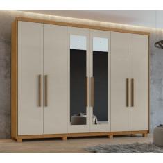 Guarda-roupa 6 Portas 5 Gavetas Áries com espelho e com Pés Amêndoa Clean/off White