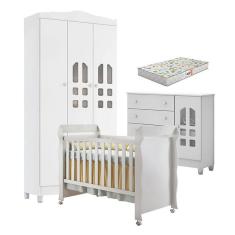 Quarto De Bebê New Selena 3 Portas Com Cômoda Selena E Berço Mirelle Branco Brilho E Colchão Gazin – Carolina Móveis