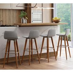 Kit 4 Banquetas Altas Luxo Linea Aço Champanhe Linho Cinza Base Carvalho 
