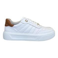 Tênis Pegada Casual Feminino Em Couro 211201 Branco + Camel-Feminino