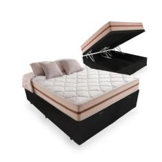 Cama Box Baú Casal Bipartido Tecido Sintético Preto com Colchão Pillow