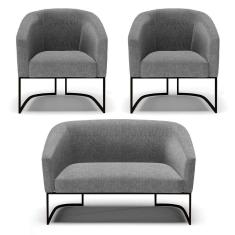 Sofá Namoradeira E 2 Poltronas Base Industrial Preto Stella Linho Grafite A26 D03 - D`rossi