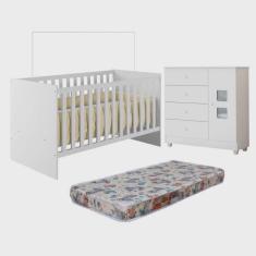 Quarto de Bebê com Berço com Colchão Suporte Life 100% Mdf e Cômoda 100% Mdf 1 Porta 4 Gavetas
