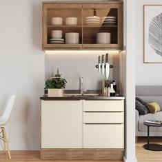 Cozinha Modulada Viena 2 Peças com 1 Armário Aéreo Vidros Reflecta 1 Balcão 120cm Herval Edez Louro Freijó/argila