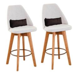 Kit 02 Banquetas Alta Maya Giratória Com Encosto Linho Bege Claro e Al