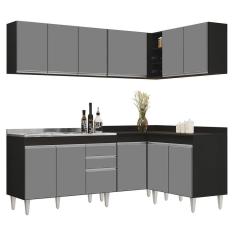Armário De Cozinha Modulado De Canto 6 Peças Cp30 Com Pia Inox Preto/cinza - Lumil