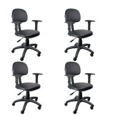 Kit 4 Unidades Cadeira Escritório Secretária Giratória Com Braço Regulável Em Couro Preto