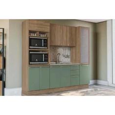 Cozinha Modulada Completa Botanic 4 Peças 1 Aéreo + Balcão + 2 Paneleiros Sem Pia M647 Nogueira Verde Oliva