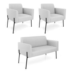 Sofá Namoradeira e 2 Poltronas Pé de Ferro Preto Marisa Linho Cinza D03 - D'Rossi