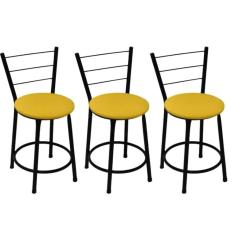 Kit 3 Banquetas Baixas Preta com Encosto Assento Amarelo