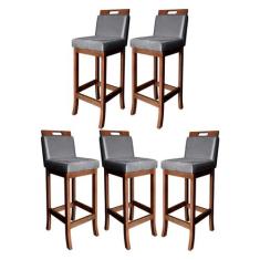 Kit 5 Banquetas Média para Bancada Milão Madeira Castanho Suede Cinza 