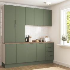 Cozinha Modulada 4 Peças com Tampo 2 Aéreos 5 Portas e 2 Balcões Ipanema Cabecasa Madeiramadeira Verde Folha/branco