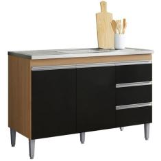 Balcão de Pia Cozinha Andréia 120 cm Amêndoa Preto Sem Tampo AJL Móvei