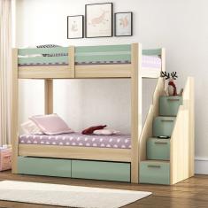 Beliche Infantil-juvenil 2 Gavetões Escada Com 4 Gavetas Star Plus Casatema Natural-menta