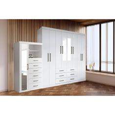 Guarda Roupa 2 Peças Casal QC140 9 Portas de Bater 6 Gavetas em MDF com Espelho Branco