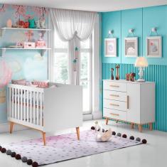 Quarto de Bebê Retrô Ludmila Berço 3 em 1 Cômoda Infantil Branco Bétula Carolina Baby