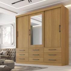 Guarda Roupa Casal 3 Portas com Espelho Central 9 Gavetas 100% MDF Atlanta Cinamomo