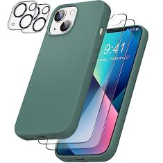 YATWIN Capa de silicone líquido para iPhone 13 com 2 protetores de tela + 2 protetores de lente de câmera, capa fina e macia à prova de choque para iPhone 13 - verde pinho