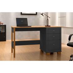 Escrivaninha Office 136cm 3 Gavetas Pés em Madeira Fenix Preto Com Nature - Rede Móveis