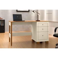 Escrivaninha Office 136cm 3 Gavetas Pés em Madeira Fenix OffWhite Com Nature - Rede Móveis
