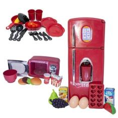 Kit Cozinha Infantil Vermelho Geladeira Microondas Louça 28P - Altimar