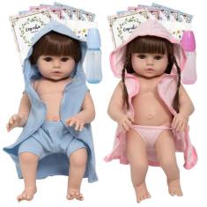 Boneca Reborn Gêmeos Realista Casal Cabelo Castanho + Itens - Cegonha 