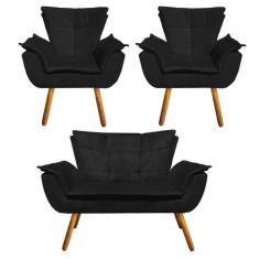 Kit 01 Namoradeira 02 Poltronas Opala Suede Preto Pés - DROSSI