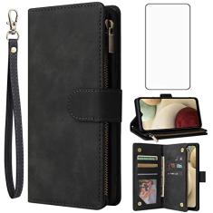 Asuwish Capa carteira compatível com Samsung Galaxy A12, protetor de tela de vidro temperado e capa flip de couro, porta-cartões, acessórios celulares, capas para celular para Glaxay A 12 Gaxaly 12A