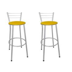 Kit 2 Banquetas Altas Prata com Encosto Assento Amarelo - Fortmix