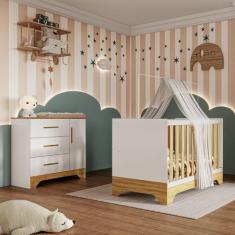 Quarto de Bebê Cômoda e Berço 3 em 1 100 MDF Popy Móveis Peroba, Branc