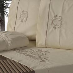 Jogo Lençol Queen Bordado Crivo 4 Peças 200 Fios 100% Algodão Percal -