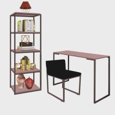 Kit Escritório Ravi 1 Cadeira Suede Preto com 1 Mesa e 1 Livreiro Ferro Marrom mdf Rose Rosa - Ahazzo Móveis