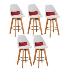 Kit 05 Banquetas Com Encosto Bege E Almofada Vermelho