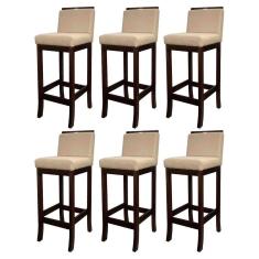 Kit 6 Banquetas Média para Cozinha Americana Turim Madeira Capuccino Linho Bege CCS