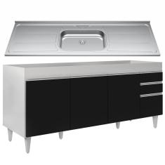 Balcão Gabinete Com Pia 180Cm Dallas Branco/Preto - Lumil
