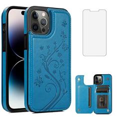 Capa de telefone para iPhone 14 Pro de 6,1 polegadas com protetor de tela de vidro temperado e suporte de cartão capa carteira suporte flip acessórios para celular iPhone14Pro 5G i i-Phone i14
