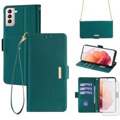 Asuwish Capa de celular para Samsung Galaxy S21 5G 6,2 polegadas capa carteira com protetor de tela de vidro temperado e alça de pulso com bloqueio de RFID flip porta-cartão de crédito suporte celular