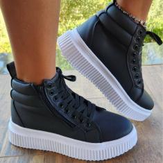 Tenis Feminino Preto Com Solado tratorado Plataforma. Bota Feminina Sola Alta.