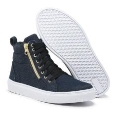 Tênis Sneaker Cano Alto Feminino Cadarço Zíper Estilo Macio Azul Jean 