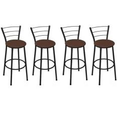 Kit 4 Banquetas Altas Preta com Encosto Assento Marrom - Fortmix
