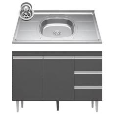 Balcão De Cozinha Com Pia Inox 100cm 3 Gavetas Andréia Cinza - Ajl Móveis