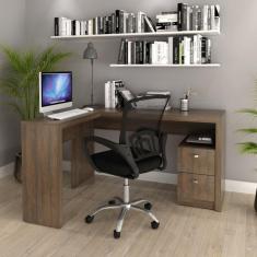 Kit Escrivaninha em L 2 Gavetas Me4129 e Cadeira de Escritório Diretor Tela Mesh Tok 3310 Rústico